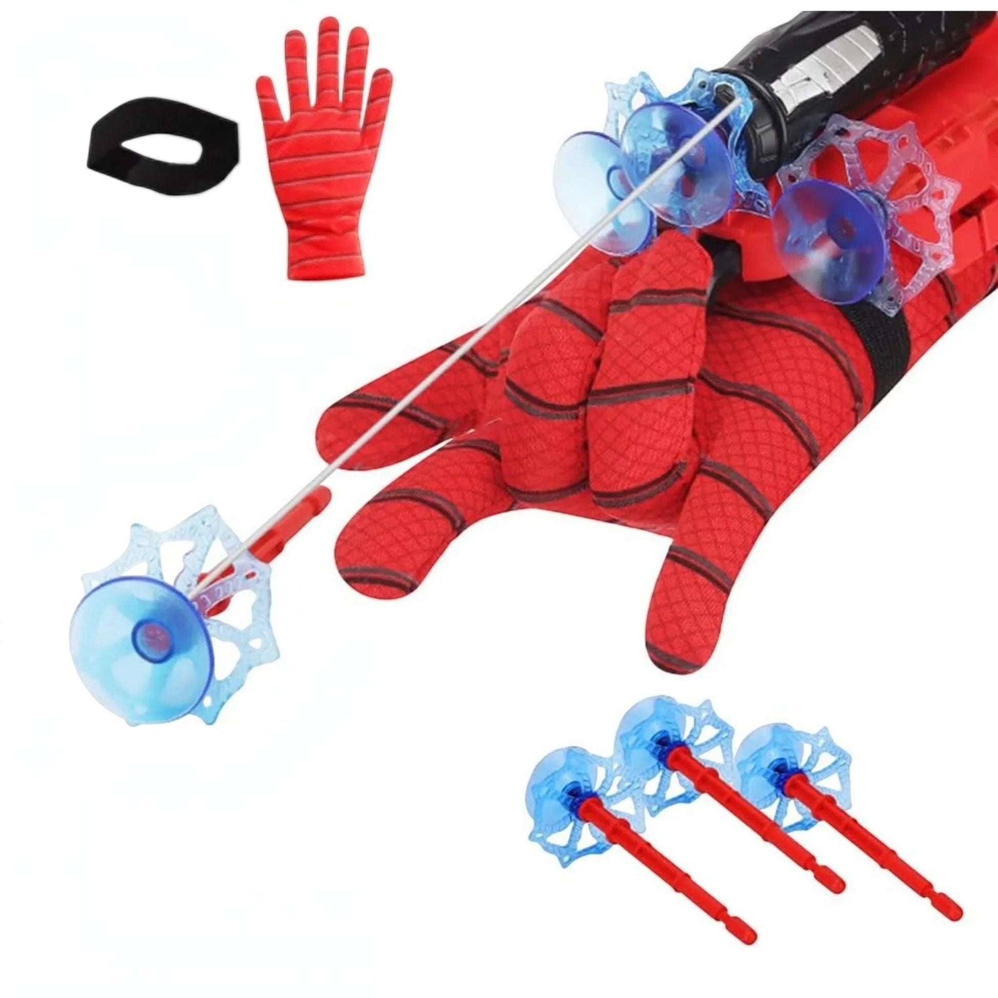 TipTop Retail Spider-Man web shooter toy set with red glove, wrist launcher, and blue suction-cup web projectiles.