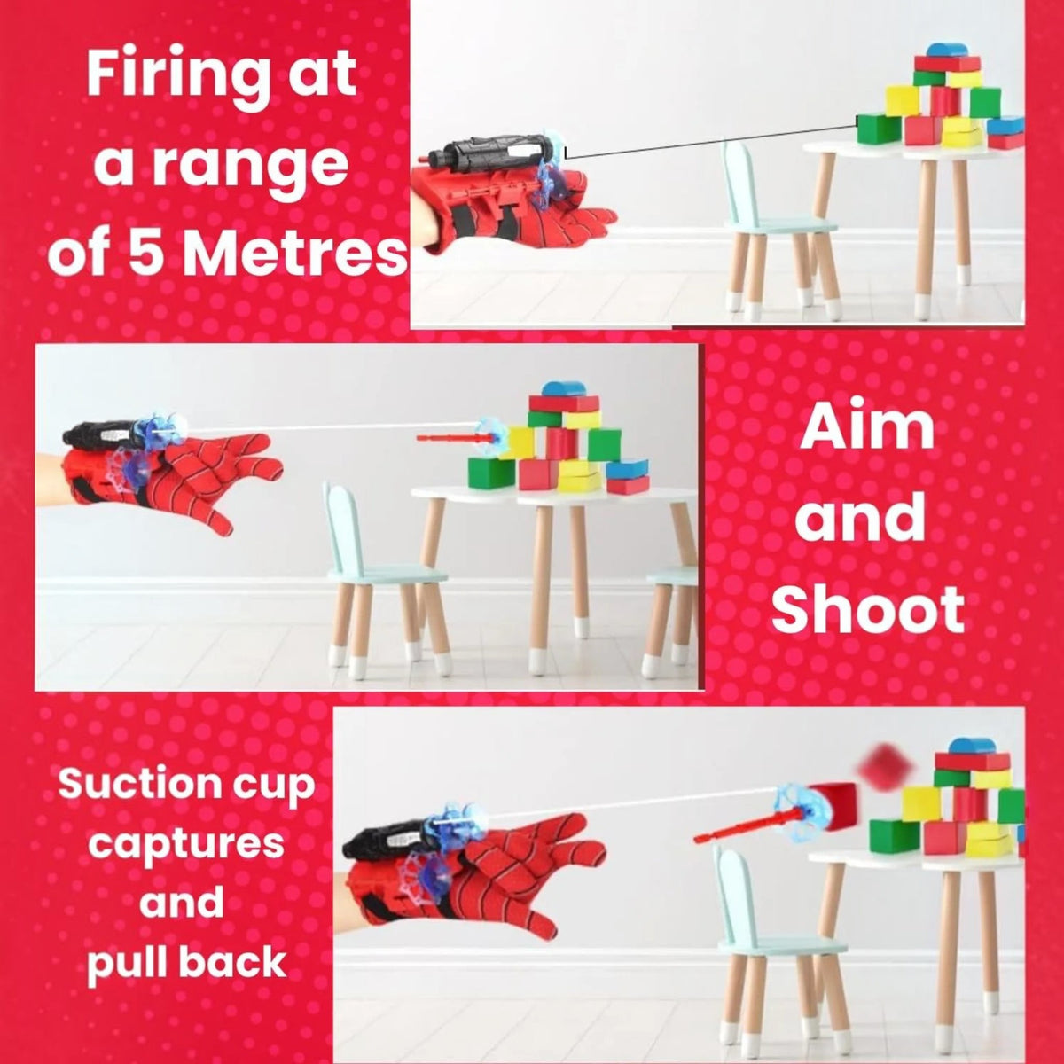 TipTop Retail Spider-Man web shooter glove toy with wrist launcher firing a suction cup projectile at block targets