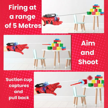 TipTop Retail Spider-Man web shooter glove toy with wrist launcher firing a suction cup projectile at block targets