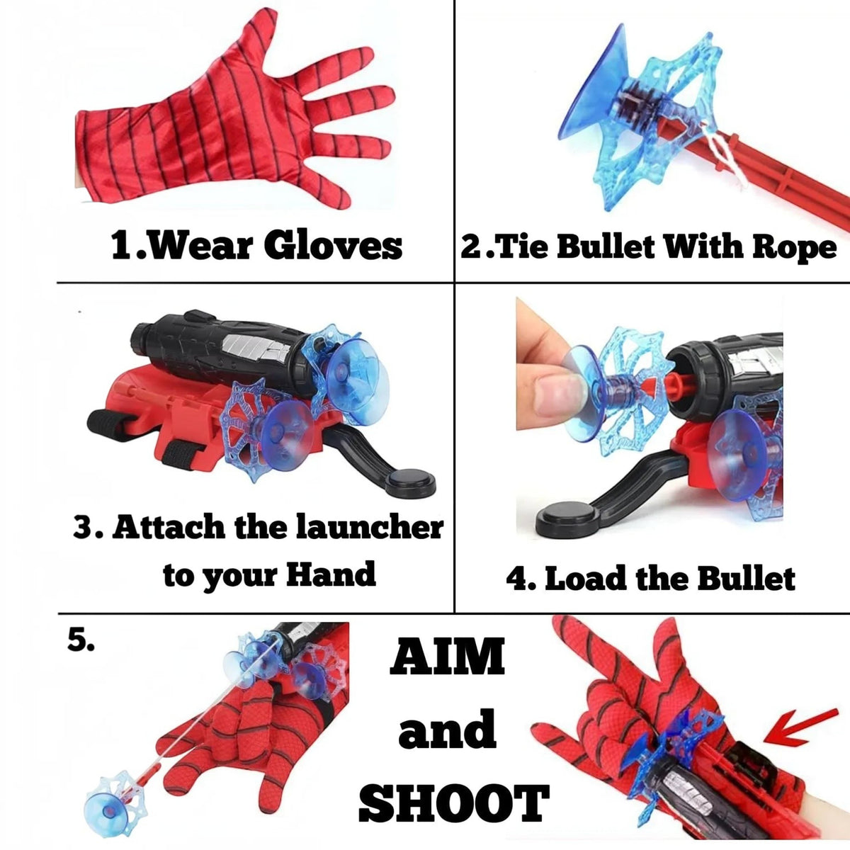 TipTop Retail Spider-Man web shooter toy set with red glove, wrist launcher, and suction cup projectiles for kids
