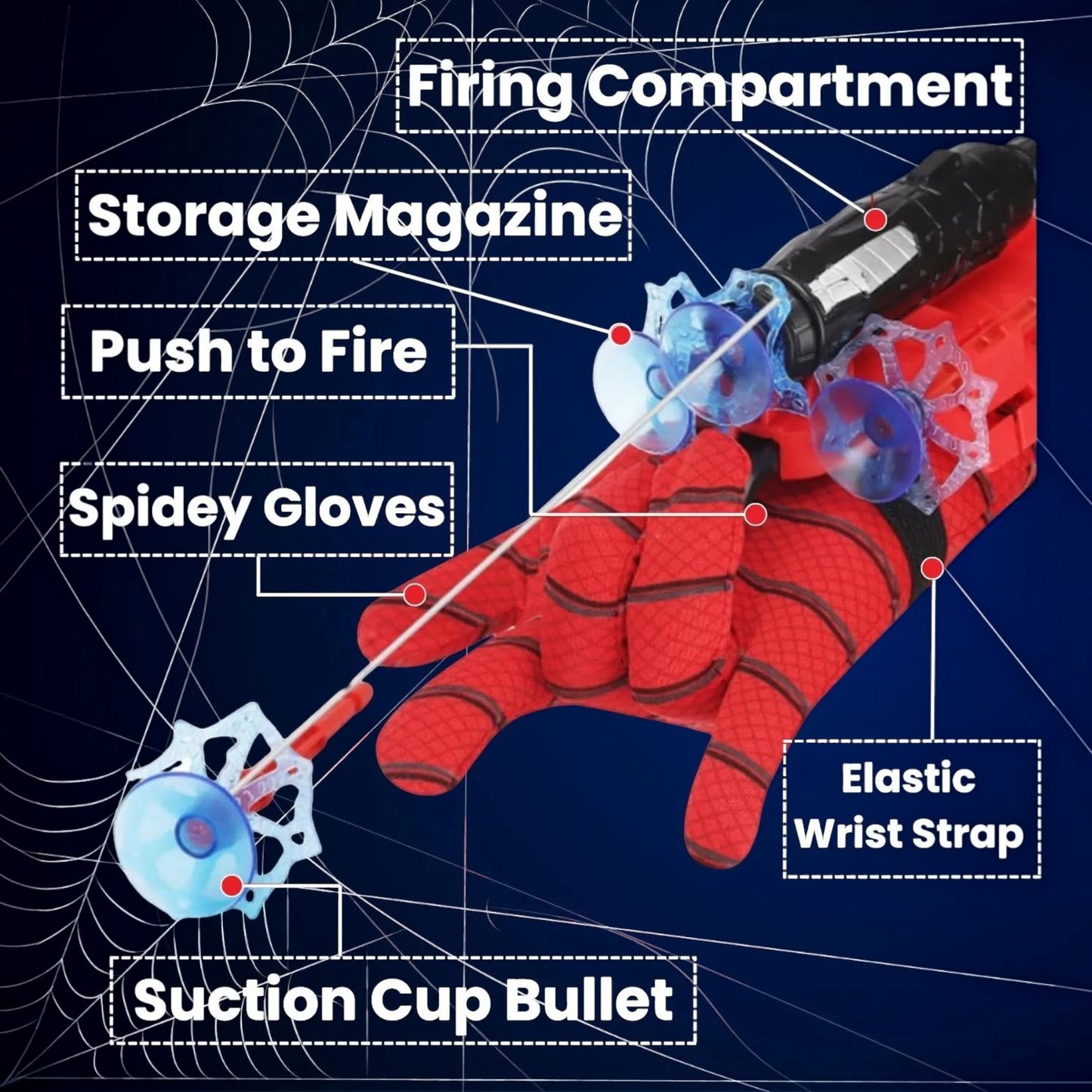 TipTop Retail Spider-Man web shooter toy with red glove, wrist launcher, and blue suction cup projectile for kids.
