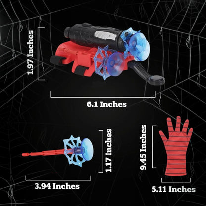 TipTop Retail Spider-Man web shooter toy set with red glove, wrist launcher, and suction cup projectiles.