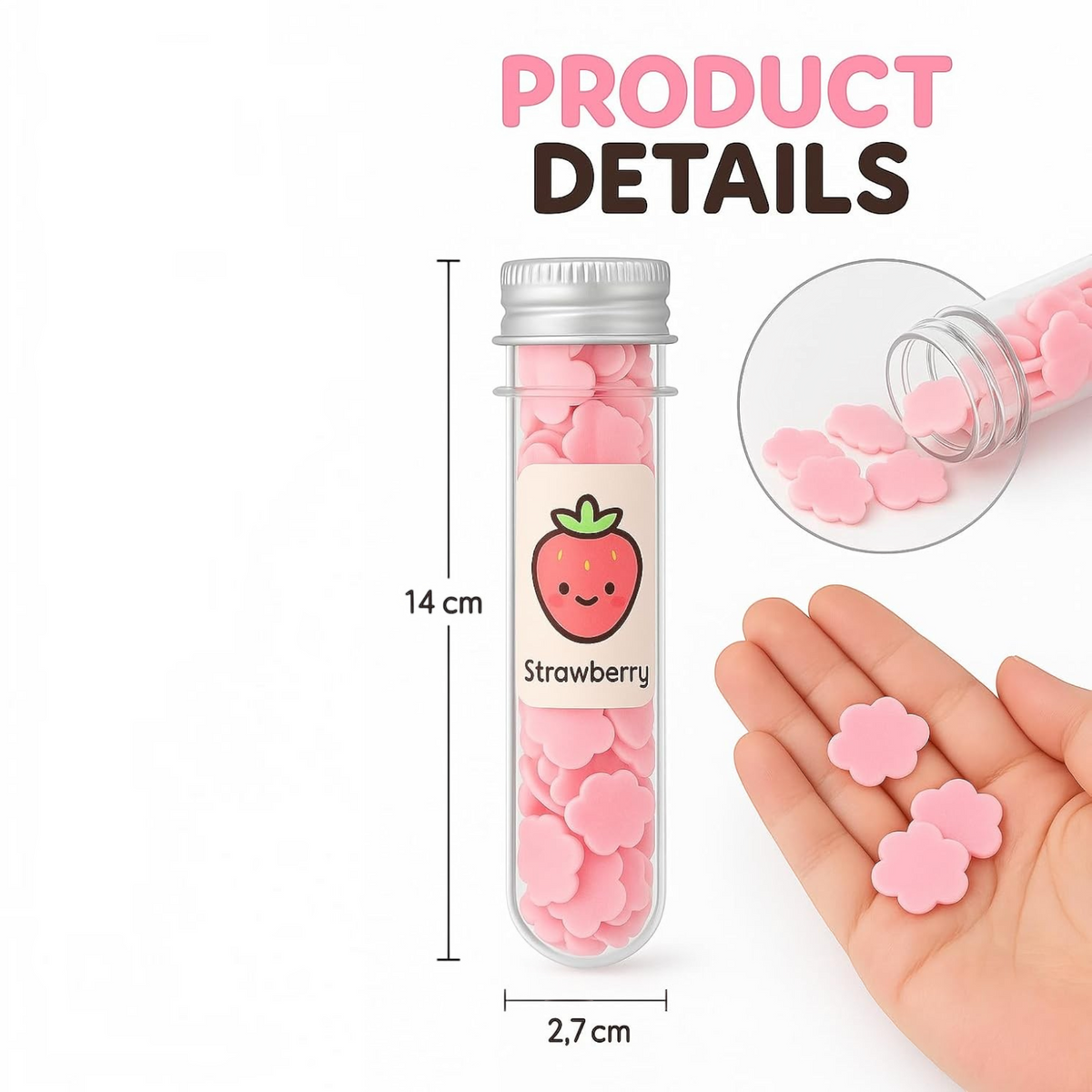 TipTop Retail strawberry scented pink flower-shaped soap paper strips in a clear travel tube held in a hand