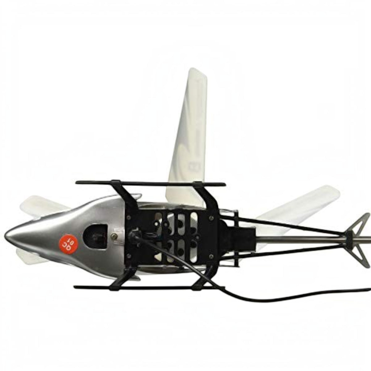 TipTop Retail V-max RC helicopter with silver unbreakable ABS body and white blades in a top-down view