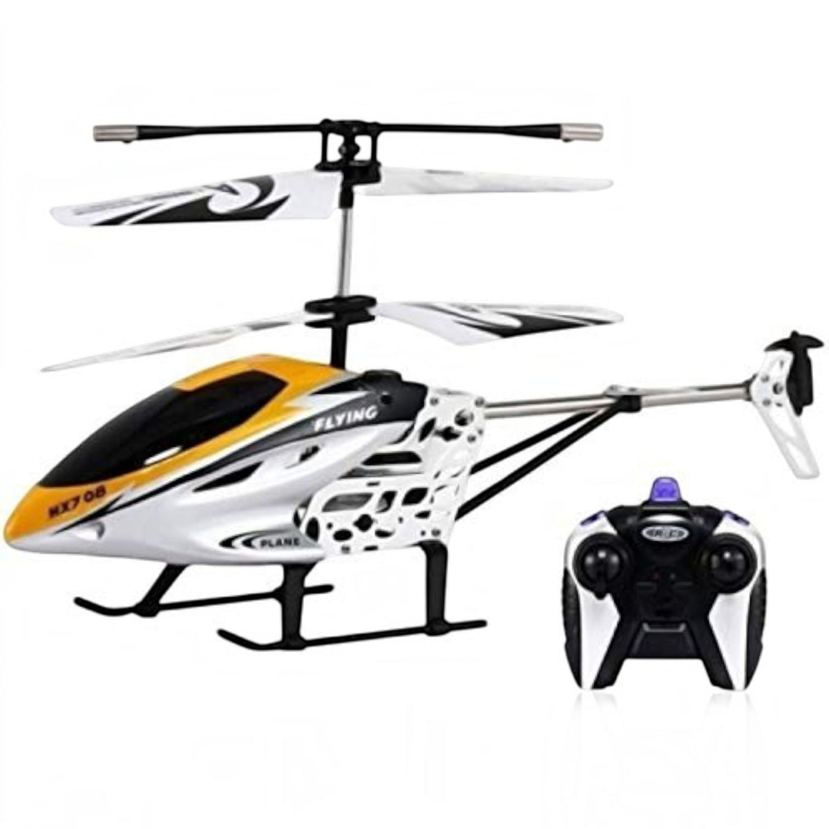 TipTop Retail V-max RC helicopter with yellow and white unbreakable ABS body, LED lights, and infrared remote control